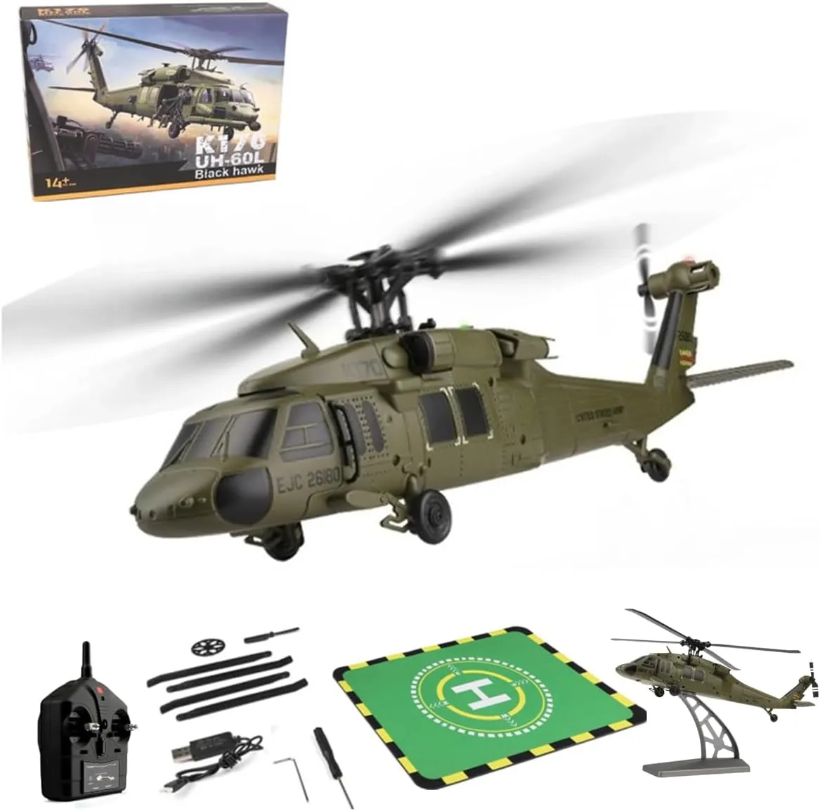 WL K170 RC Helicopter for Adults,2.4G 4CH Flybarless Military Remote Control Helicopters,6-Axis Gyroscope Altitude Hovering,Adjustable Left and Right Hand Throttle,Display Stand,Takeoff Landing Pad