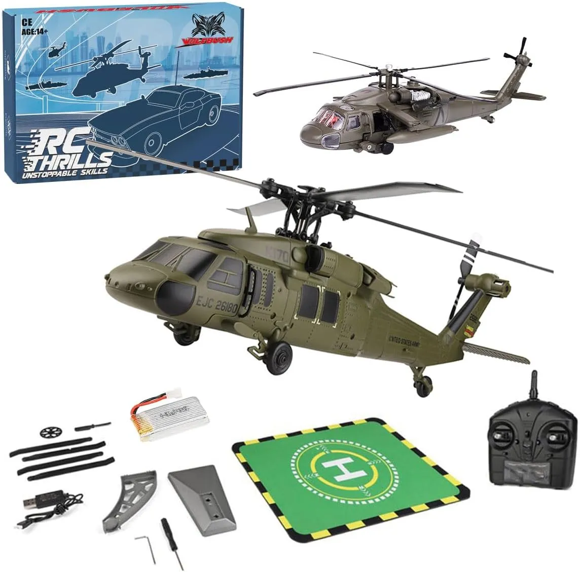 WL K170 UH-60L RC Helicopter for Adults, 170 Size 2.4G 4CH Flybarless 6-Axis Gyro Remote Control Helicopter with 1/64 Heli Static Display Model Toy Gift -RTF, 1 Battery