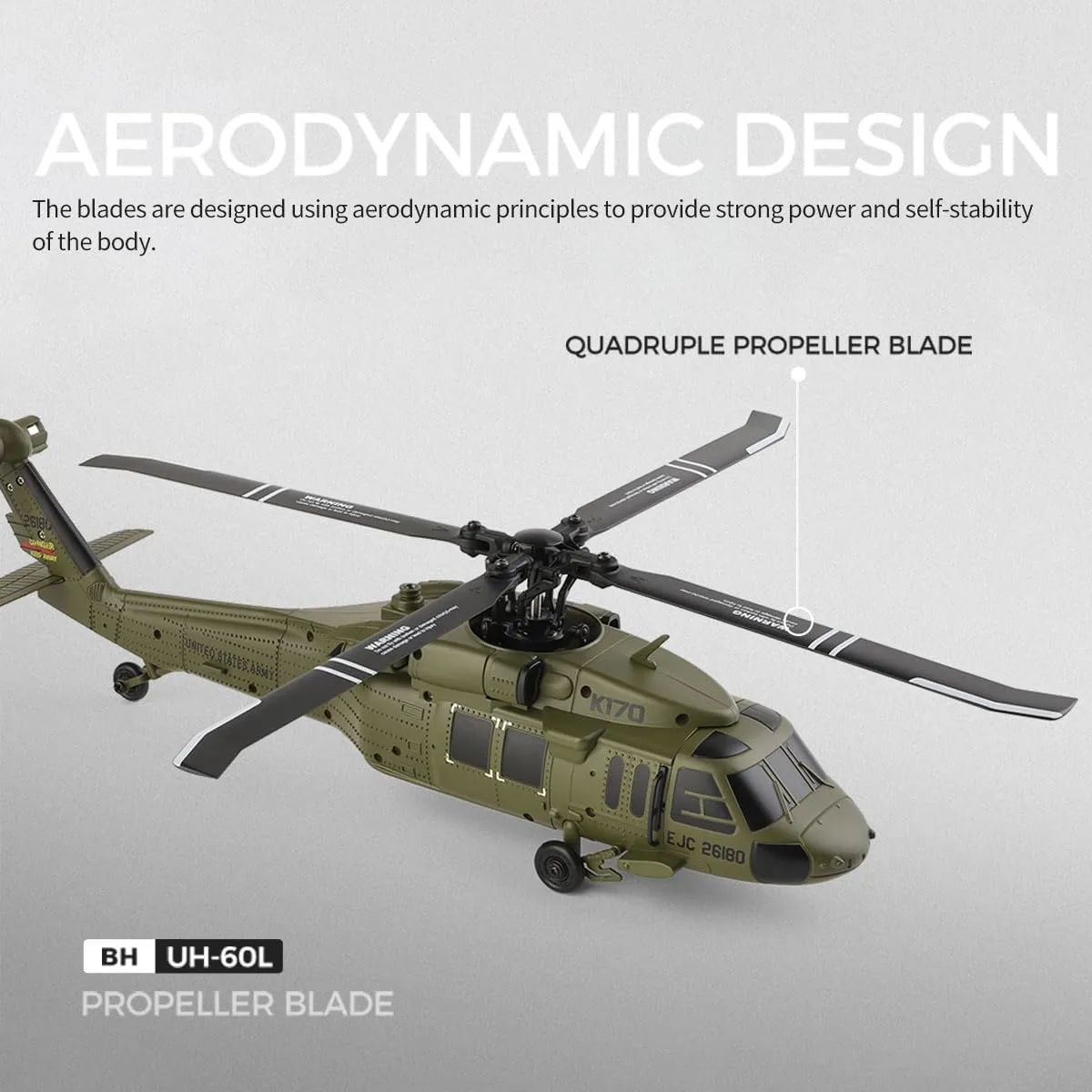 WL K170 UH-60L RC Helicopter for Adults, 170 Size 2.4G 4CH Flybarless 6-Axis Gyro Remote Control Helicopter with 1/64 Heli Static Display Model Toy Gift -RTF, 1 Battery