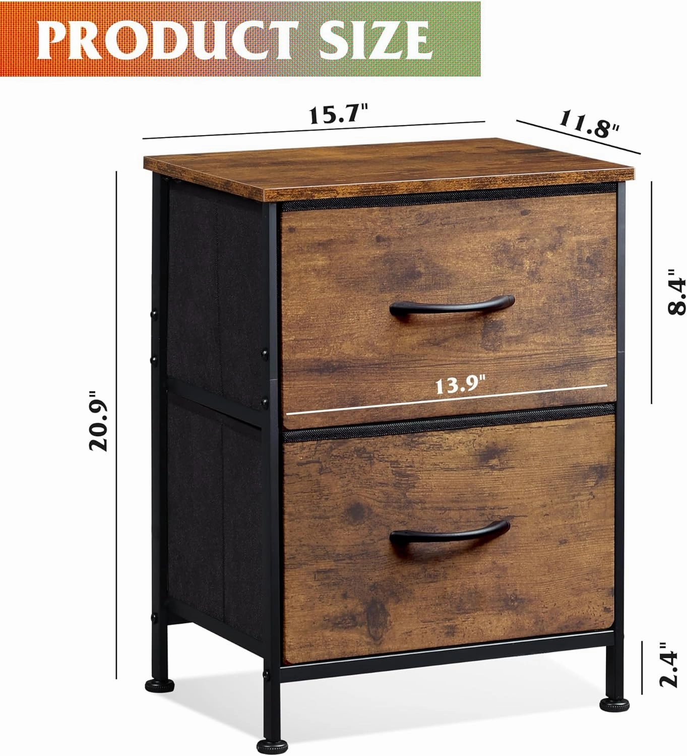 WLIVE Night Stand, Small 2 Drawer Dresser, Nightstand with Fabric Bins for Bedroom, Closet, Dorm, Rustic Brown Wood Grain Print, 11.8" D x 15.7" W x 20.9" H