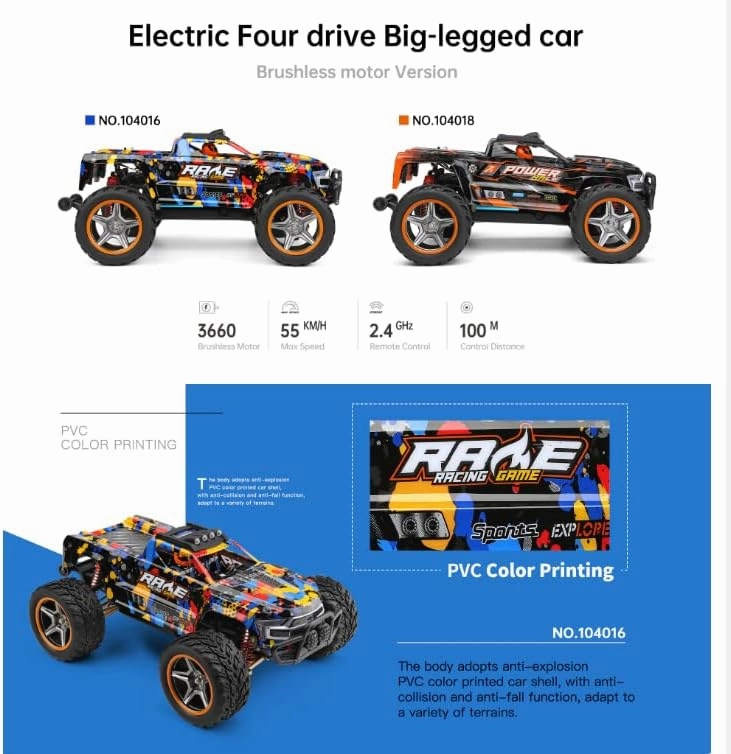 WLtoys 104016 104018 RC Car 55KM/H 3660 Brushless Motors 2200mAh Batterys 4WD Alloy Electric Remote Control Crawler Toy Adults (104018 2200 3000)