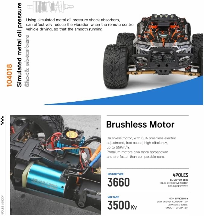 WLtoys 104016 104018 RC Car 55KM/H 3660 Brushless Motors 2200mAh Batterys 4WD Alloy Electric Remote Control Crawler Toy Adults (104018 2200 3000)