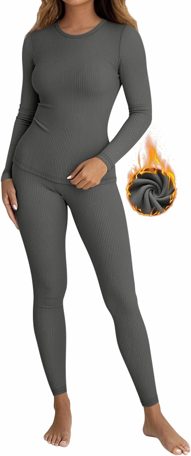 Women's Thermal Underwear Set Base Layer Ribbed Soft Warm Pajamas Sets Cold Weather Winter Lightweight Tops & Bottom