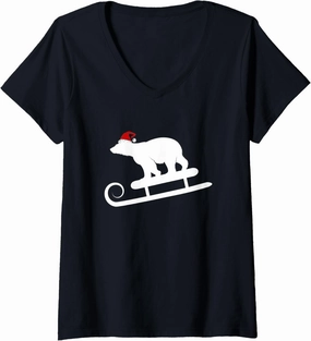 Womens Sledding Polar Bear With Santa Hat Christmas Holiday V-Neck T-Shirt