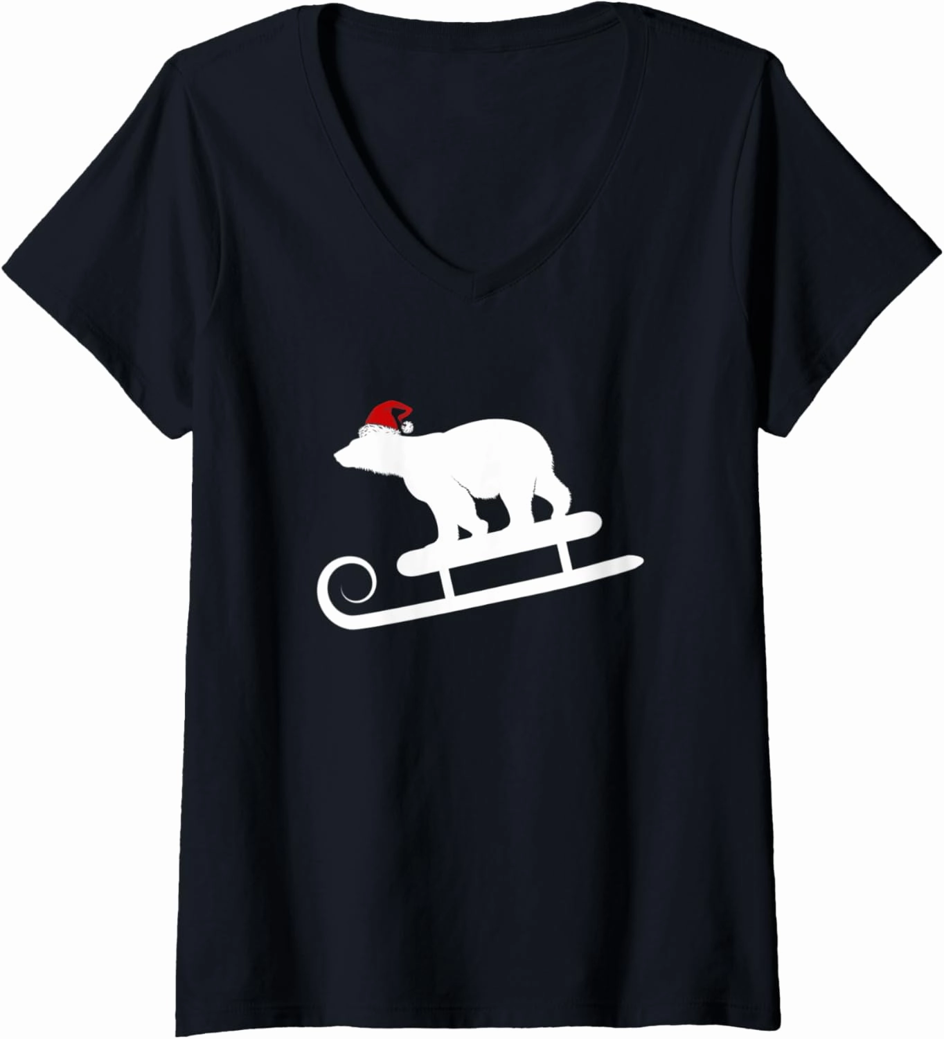 Womens Sledding Polar Bear With Santa Hat Christmas Holiday V-Neck T-Shirt