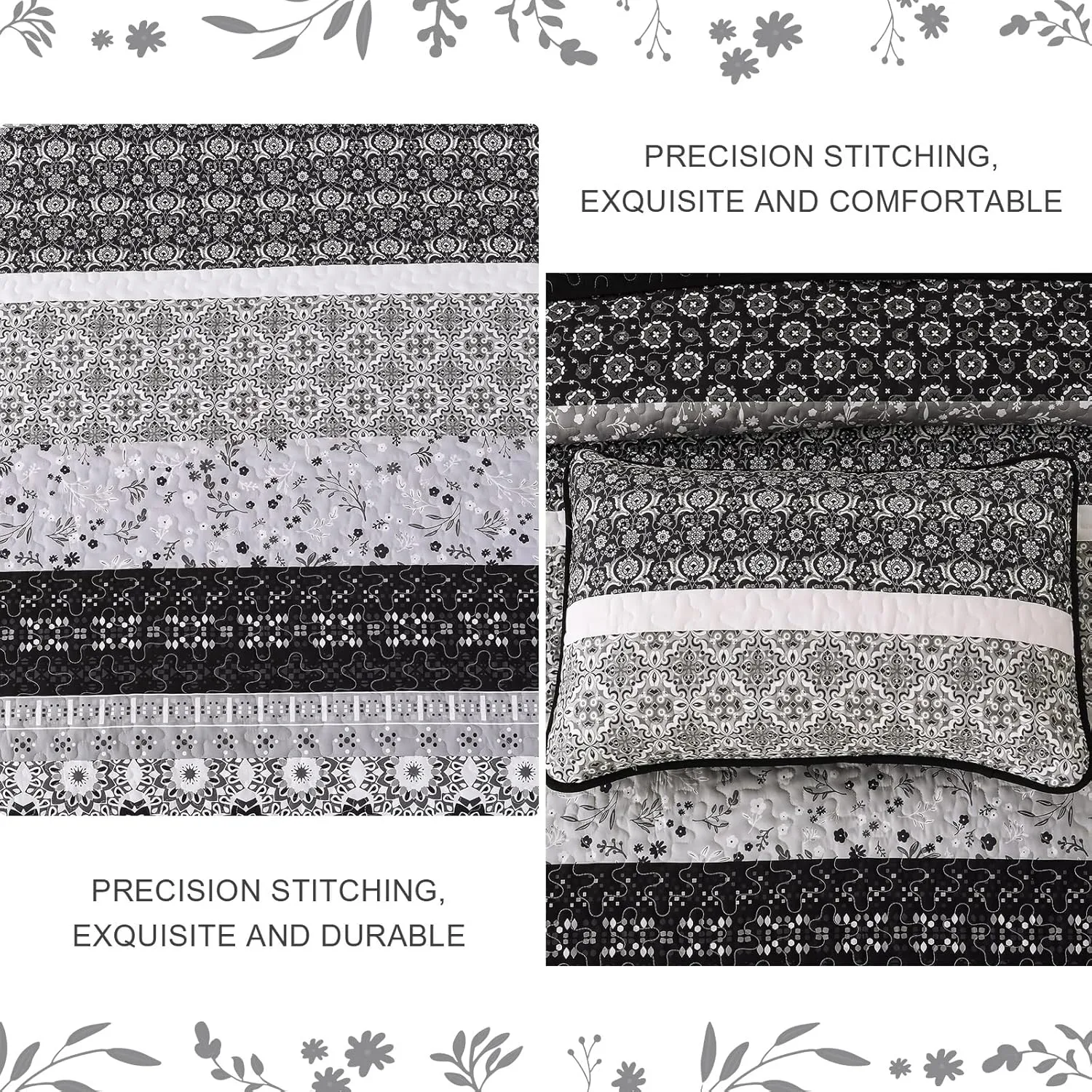 WONGS BEDDING Boho Quilt Set King, Bohemian Black Striped Patchwork Bedspread Coverlet Set with 2 Pillowcases,Lightweight Microfiber Floral Bedding Set 104"×90"