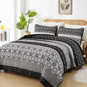 WONGS BEDDING Boho Quilt Set King, Bohemian Black Striped Patchwork Bedspread Coverlet Set with 2 Pillowcases,Lightweight Microfiber Floral Bedding Set 104"×90"