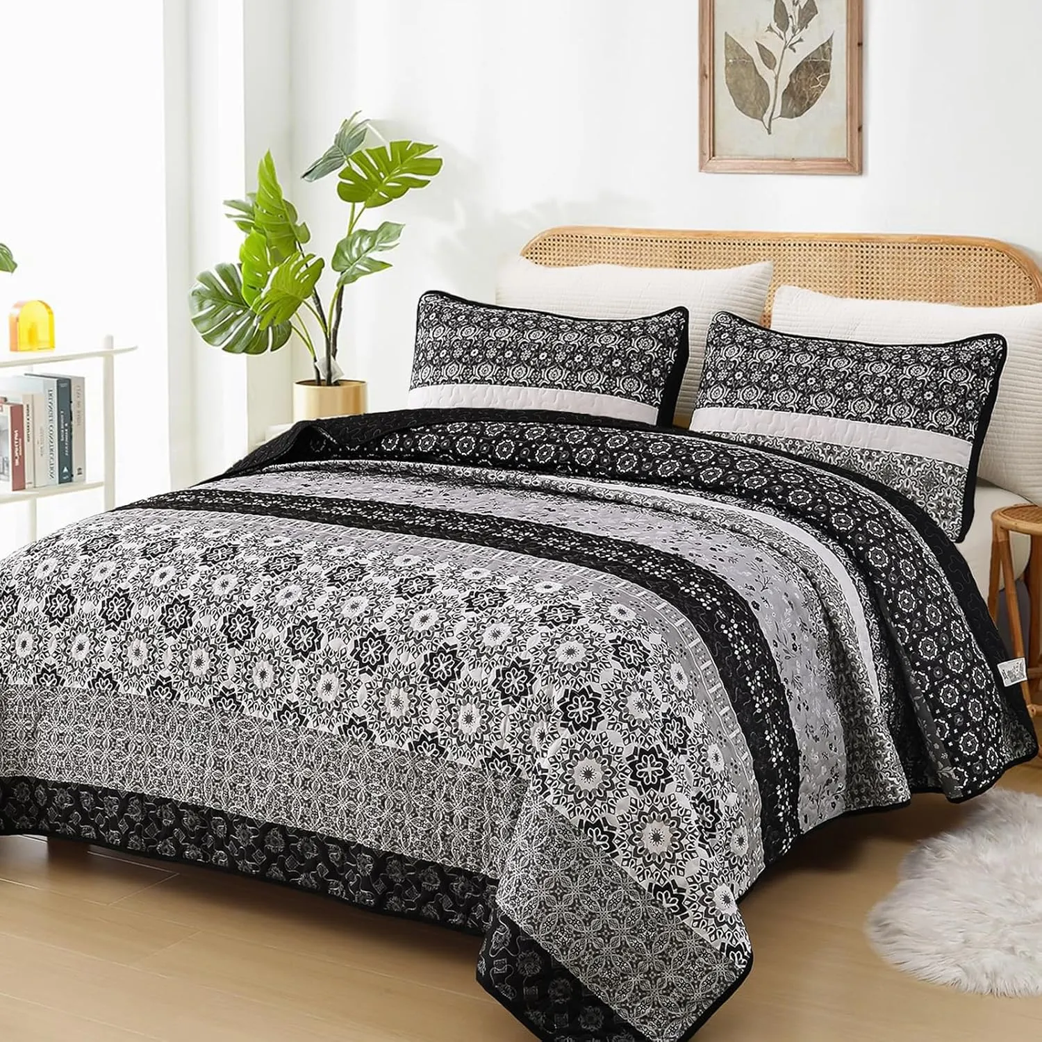 WONGS BEDDING Boho Quilt Set King, Bohemian Black Striped Patchwork Bedspread Coverlet Set with 2 Pillowcases,Lightweight Microfiber Floral Bedding Set 104"×90"