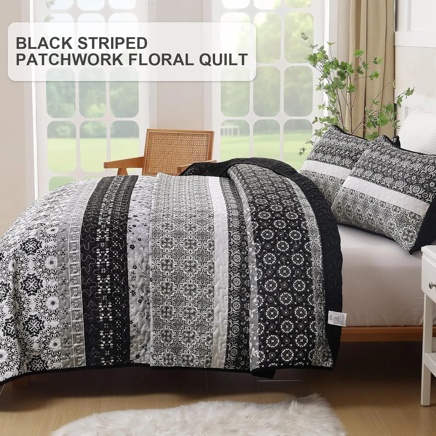 WONGS BEDDING Boho Quilt Set King, Bohemian Black Striped Patchwork Bedspread Coverlet Set with 2 Pillowcases,Lightweight Microfiber Floral Bedding Set 104"×90"