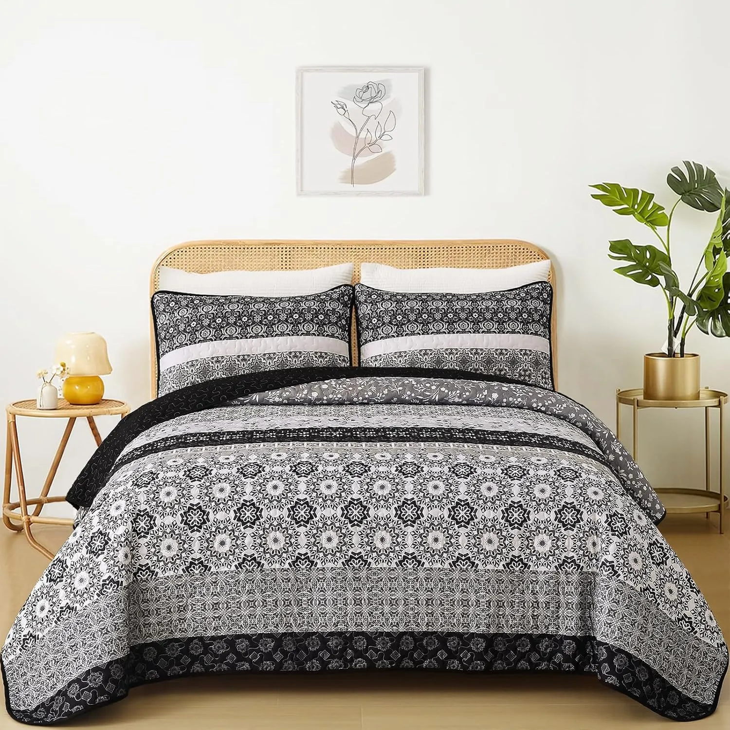 WONGS BEDDING Boho Quilt Set King, Bohemian Black Striped Patchwork Bedspread Coverlet Set with 2 Pillowcases,Lightweight Microfiber Floral Bedding Set 104"×90"