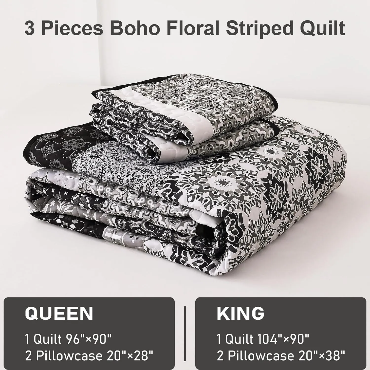 WONGS BEDDING Boho Quilt Set King, Bohemian Black Striped Patchwork Bedspread Coverlet Set with 2 Pillowcases,Lightweight Microfiber Floral Bedding Set 104"×90"