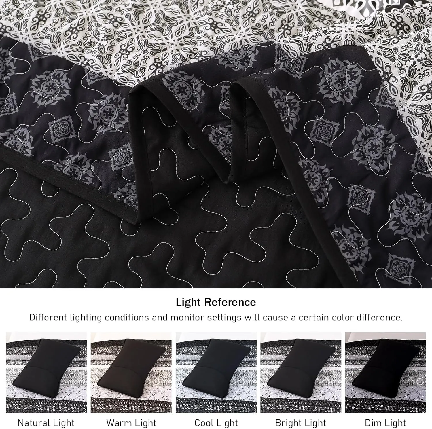 WONGS BEDDING Boho Quilt Set King, Bohemian Black Striped Patchwork Bedspread Coverlet Set with 2 Pillowcases,Lightweight Microfiber Floral Bedding Set 104"×90"