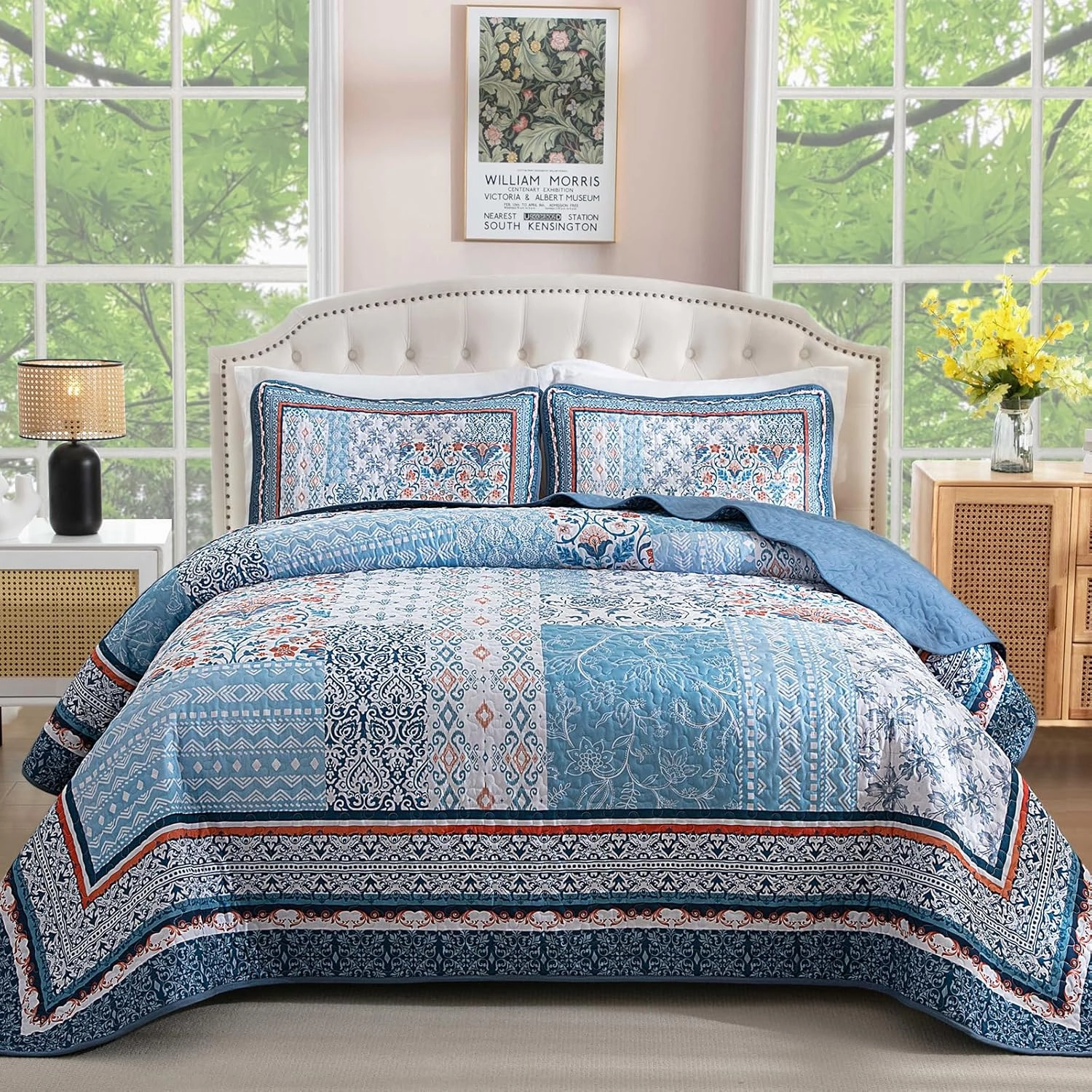 WONGS BEDDING Blue Quilt Set King Size,3 Pieces Boho Patchwork Bedspread Coverlet Set, Lightweight Bohemian Quilt Bedding Set for All Seasons (104"x90")