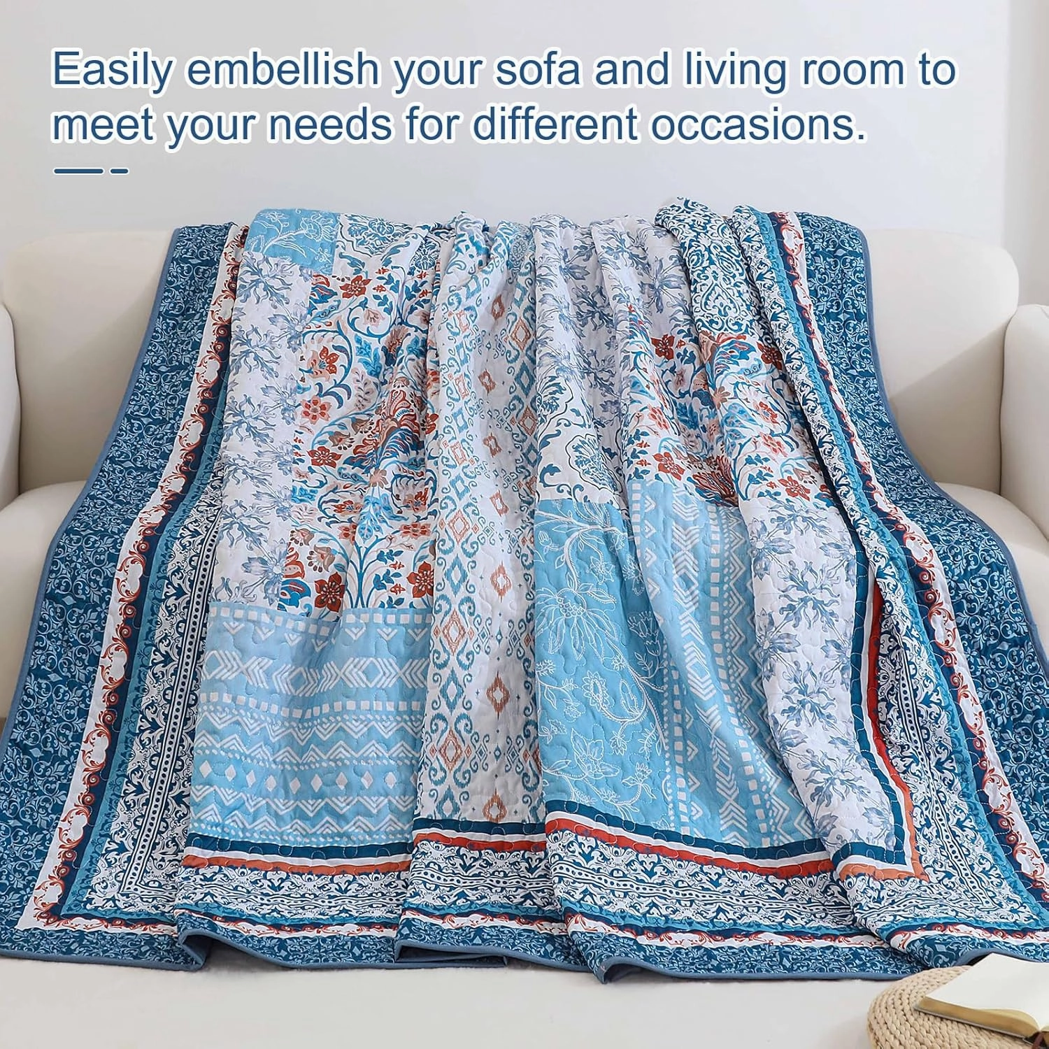 WONGS BEDDING Blue Quilt Set King Size,3 Pieces Boho Patchwork Bedspread Coverlet Set, Lightweight Bohemian Quilt Bedding Set for All Seasons (104"x90")