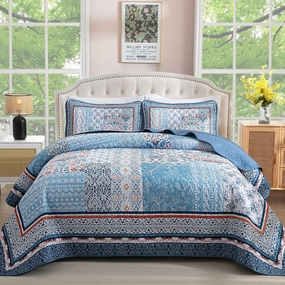 WONGS BEDDING Blue Quilt Set King Size,3 Pieces Boho Patchwork Bedspread Coverlet Set, Lightweight Bohemian Quilt Bedding Set for All Seasons (104"x90")