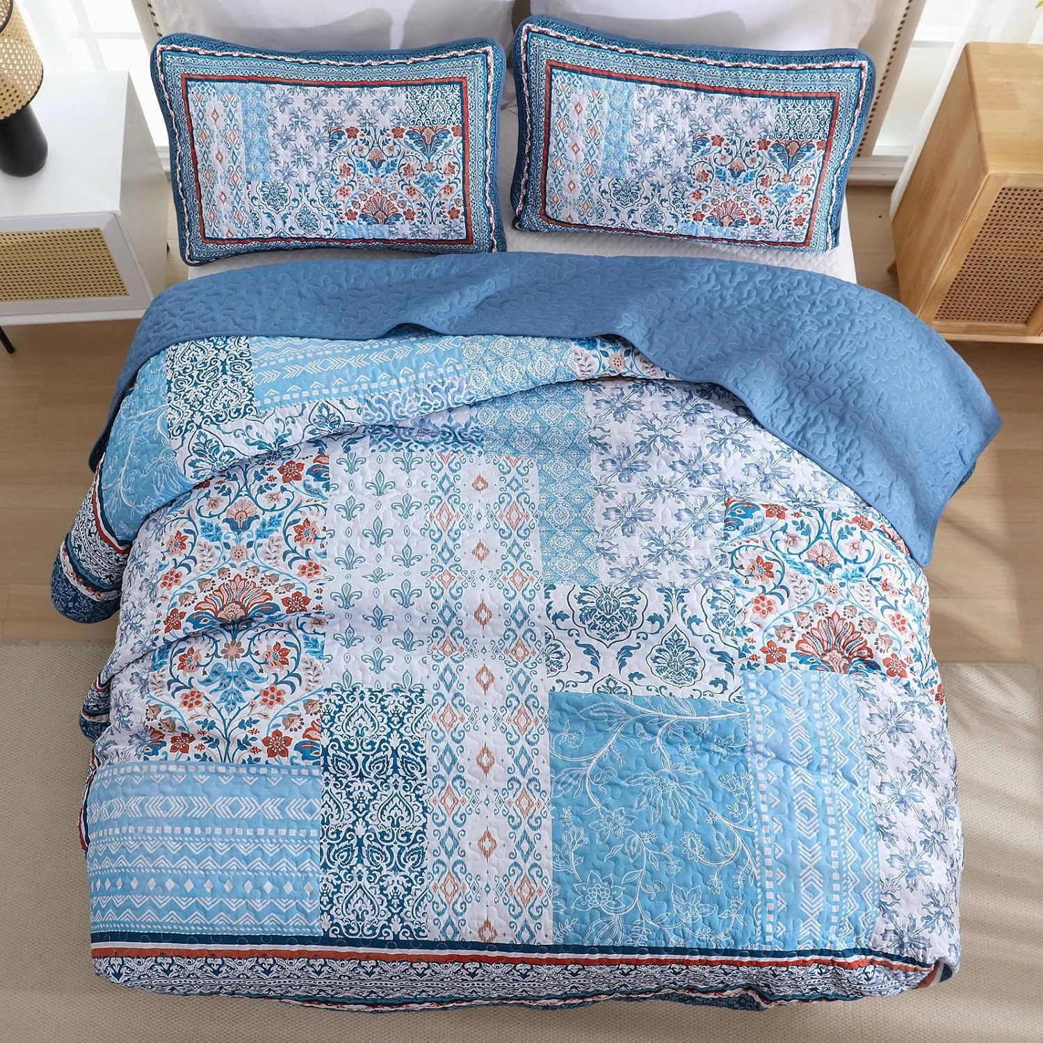 WONGS BEDDING Blue Quilt Set King Size,3 Pieces Boho Patchwork Bedspread Coverlet Set, Lightweight Bohemian Quilt Bedding Set for All Seasons (104"x90")