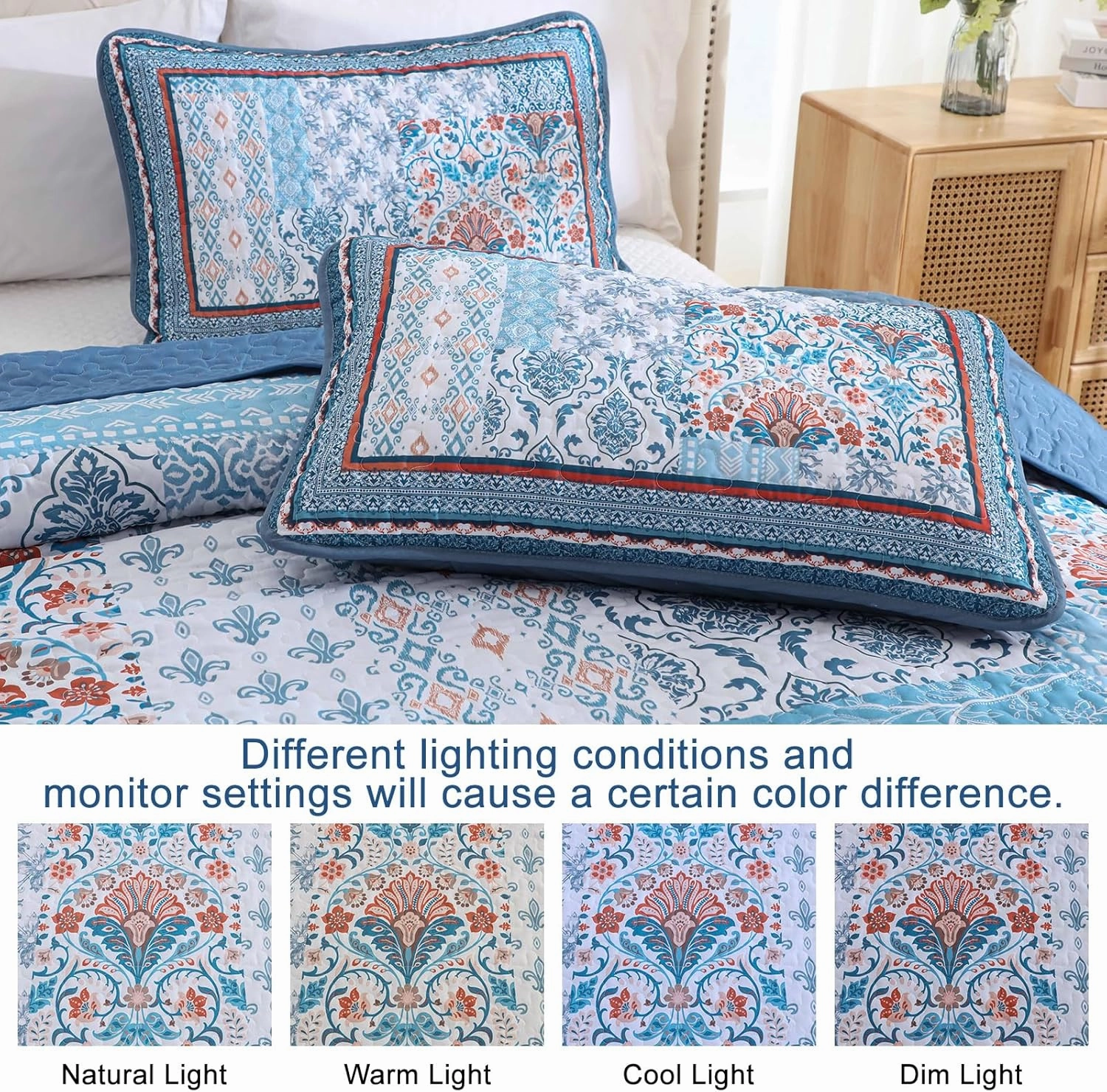 WONGS BEDDING Blue Quilt Set King Size,3 Pieces Boho Patchwork Bedspread Coverlet Set, Lightweight Bohemian Quilt Bedding Set for All Seasons (104"x90")