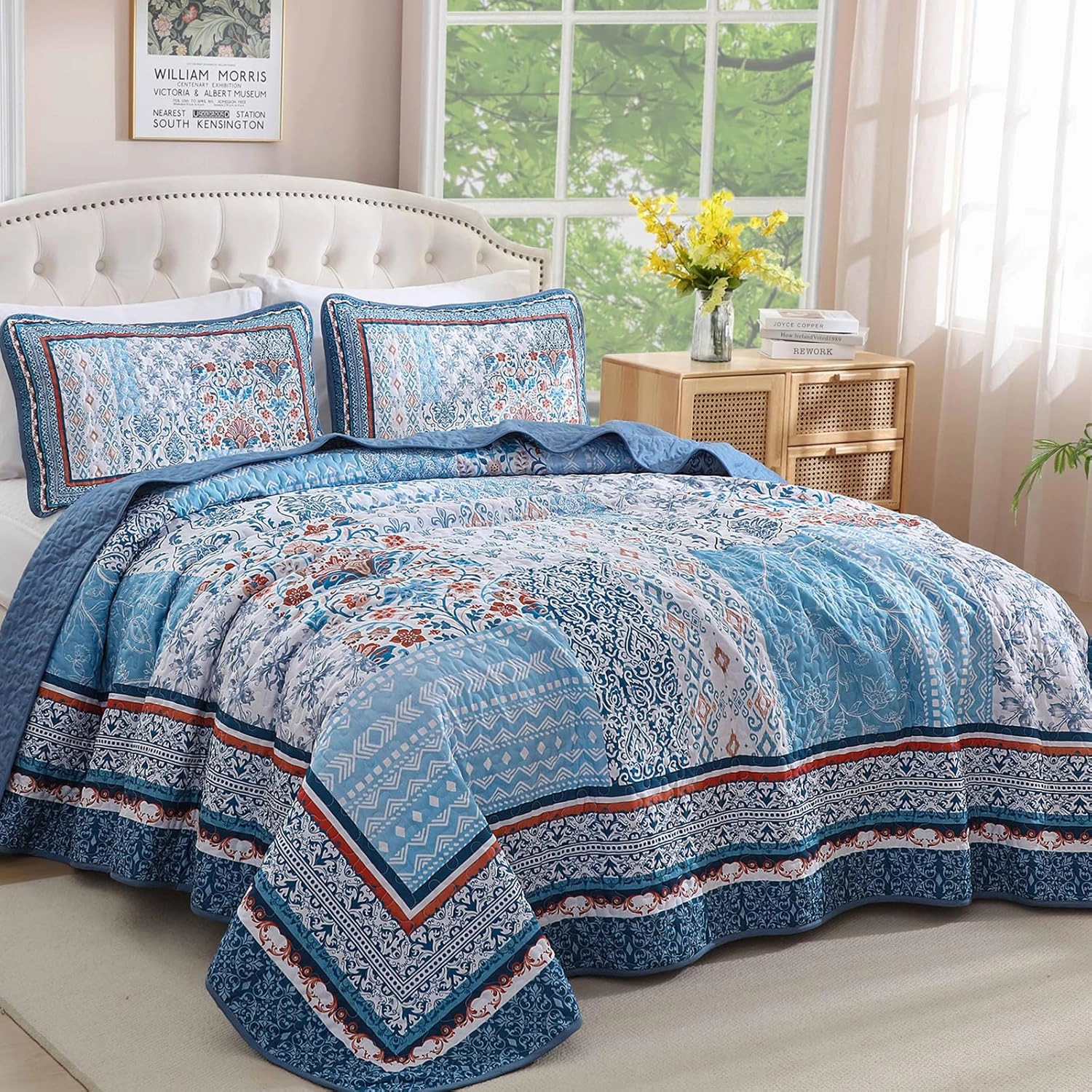 WONGS BEDDING Blue Quilt Set King Size,3 Pieces Boho Patchwork Bedspread Coverlet Set, Lightweight Bohemian Quilt Bedding Set for All Seasons (104"x90")