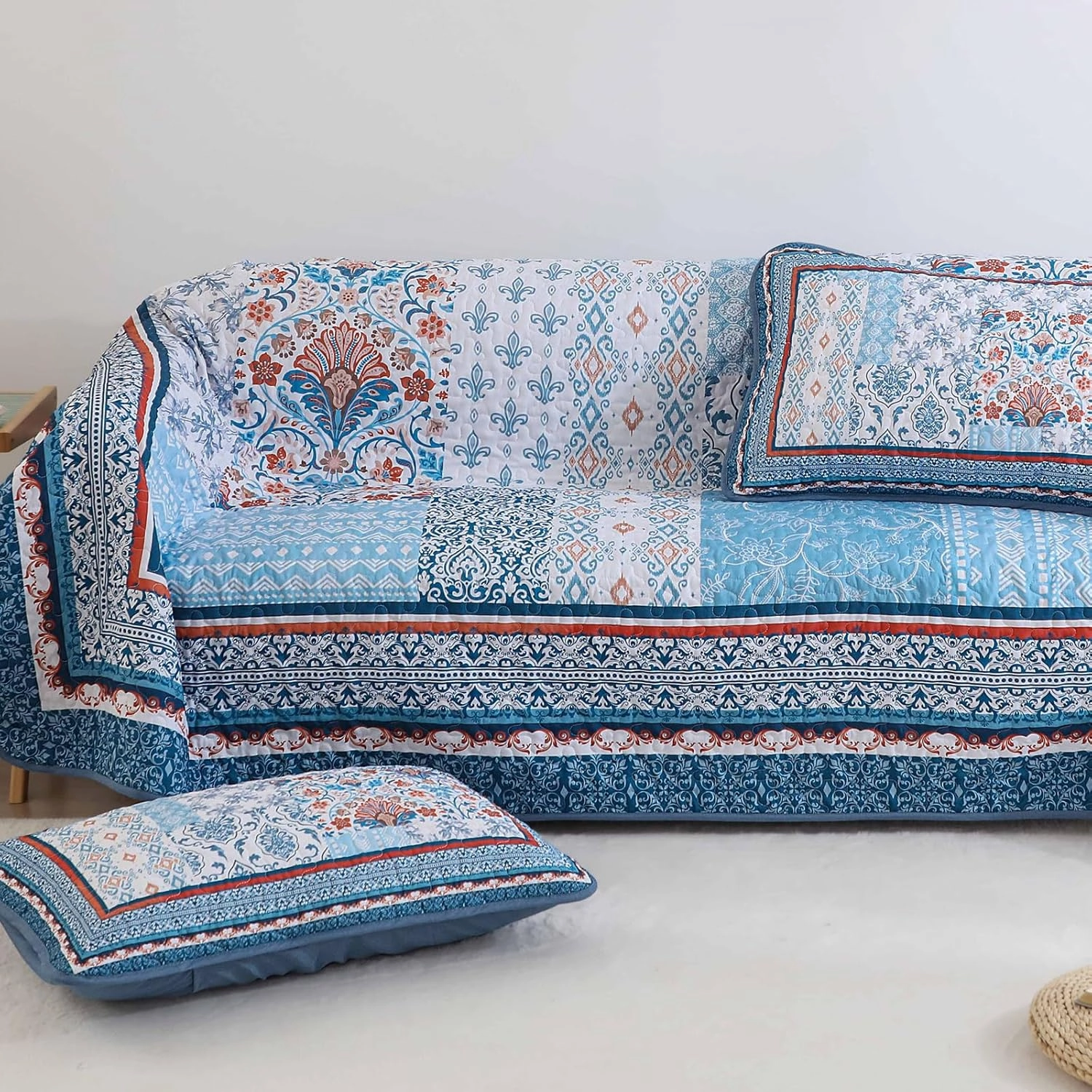 WONGS BEDDING Blue Quilt Set King Size,3 Pieces Boho Patchwork Bedspread Coverlet Set, Lightweight Bohemian Quilt Bedding Set for All Seasons (104"x90")