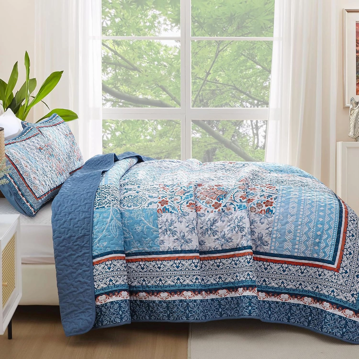 WONGS BEDDING Blue Quilt Set King Size,3 Pieces Boho Patchwork Bedspread Coverlet Set, Lightweight Bohemian Quilt Bedding Set for All Seasons (104"x90")