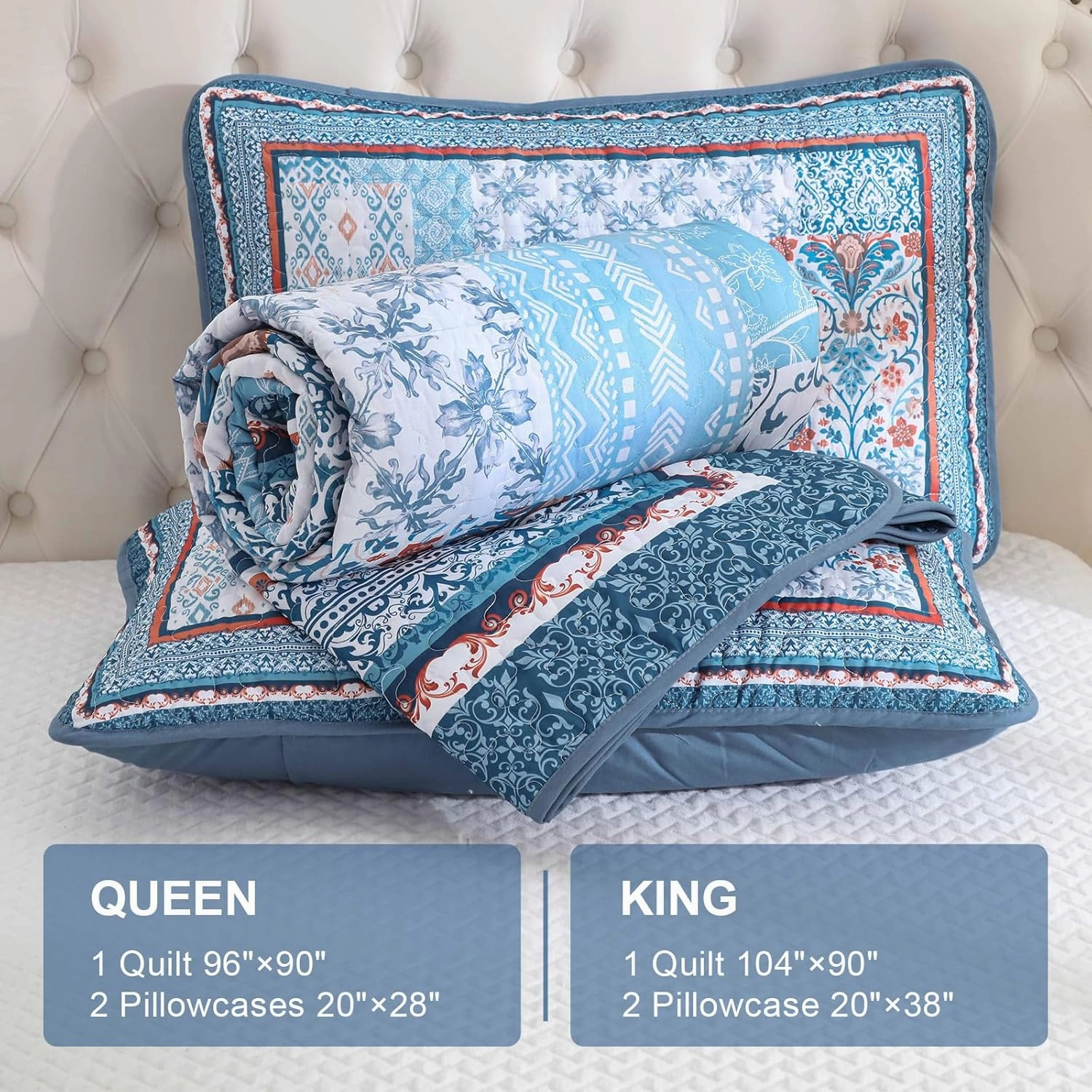 WONGS BEDDING Blue Quilt Set King Size,3 Pieces Boho Patchwork Bedspread Coverlet Set, Lightweight Bohemian Quilt Bedding Set for All Seasons (104"x90")