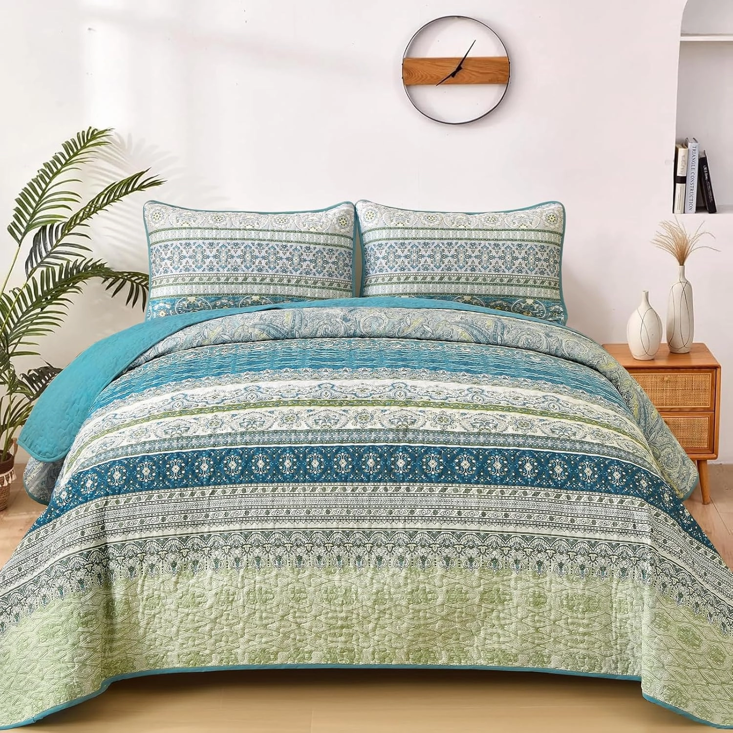 WONGS BEDDING Boho Quilt Set King Size Aqua, 3 Pieces Striped Bedspread Coverlet Set, Bohemian Soft Lightweight Microfiber for All Season(104"×90")