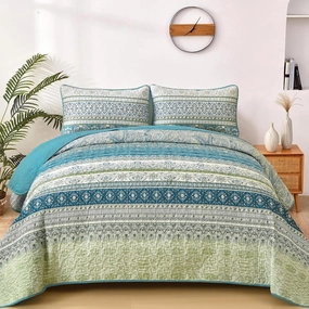 WONGS BEDDING Boho Quilt Set King Size Aqua, 3 Pieces Striped Bedspread Coverlet Set, Bohemian Soft Lightweight Microfiber for All Season(104"×90")