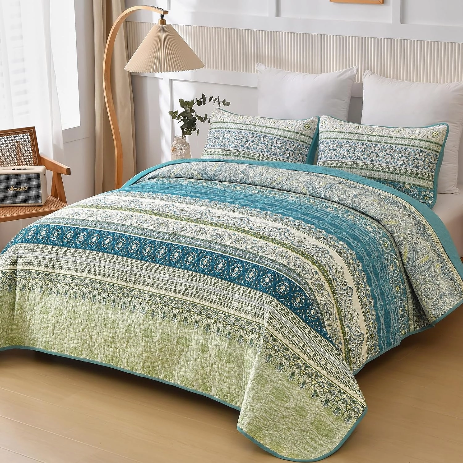 WONGS BEDDING Boho Quilt Set King Size Aqua, 3 Pieces Striped Bedspread Coverlet Set, Bohemian Soft Lightweight Microfiber for All Season(104"×90")