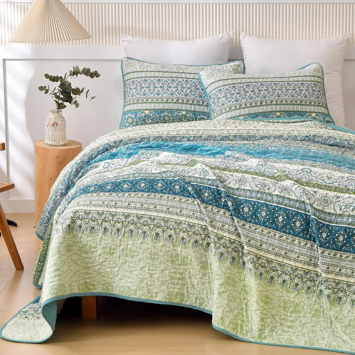 WONGS BEDDING Boho Quilt Set King Size Aqua, 3 Pieces Striped Bedspread Coverlet Set, Bohemian Soft Lightweight Microfiber for All Season(104"×90")