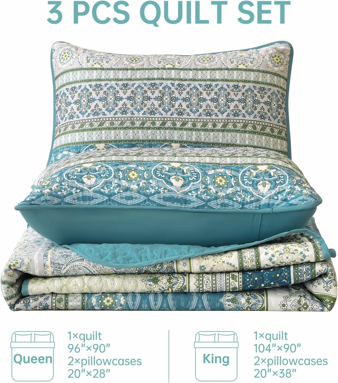 WONGS BEDDING Boho Quilt Set King Size Aqua, 3 Pieces Striped Bedspread Coverlet Set, Bohemian Soft Lightweight Microfiber for All Season(104"×90")