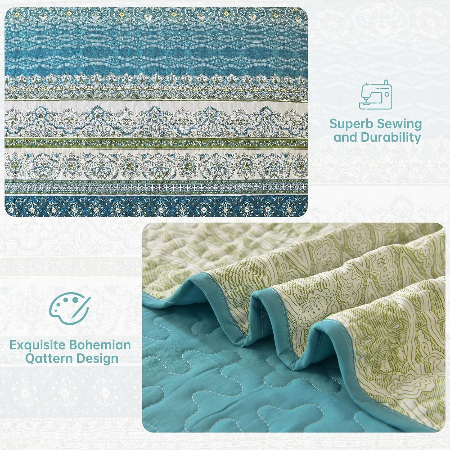 WONGS BEDDING Boho Quilt Set King Size Aqua, 3 Pieces Striped Bedspread Coverlet Set, Bohemian Soft Lightweight Microfiber for All Season(104"×90")
