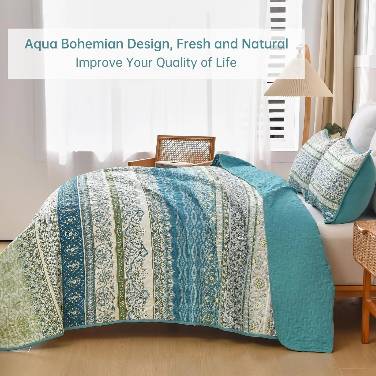 WONGS BEDDING Boho Quilt Set King Size Aqua, 3 Pieces Striped Bedspread Coverlet Set, Bohemian Soft Lightweight Microfiber for All Season(104"×90")