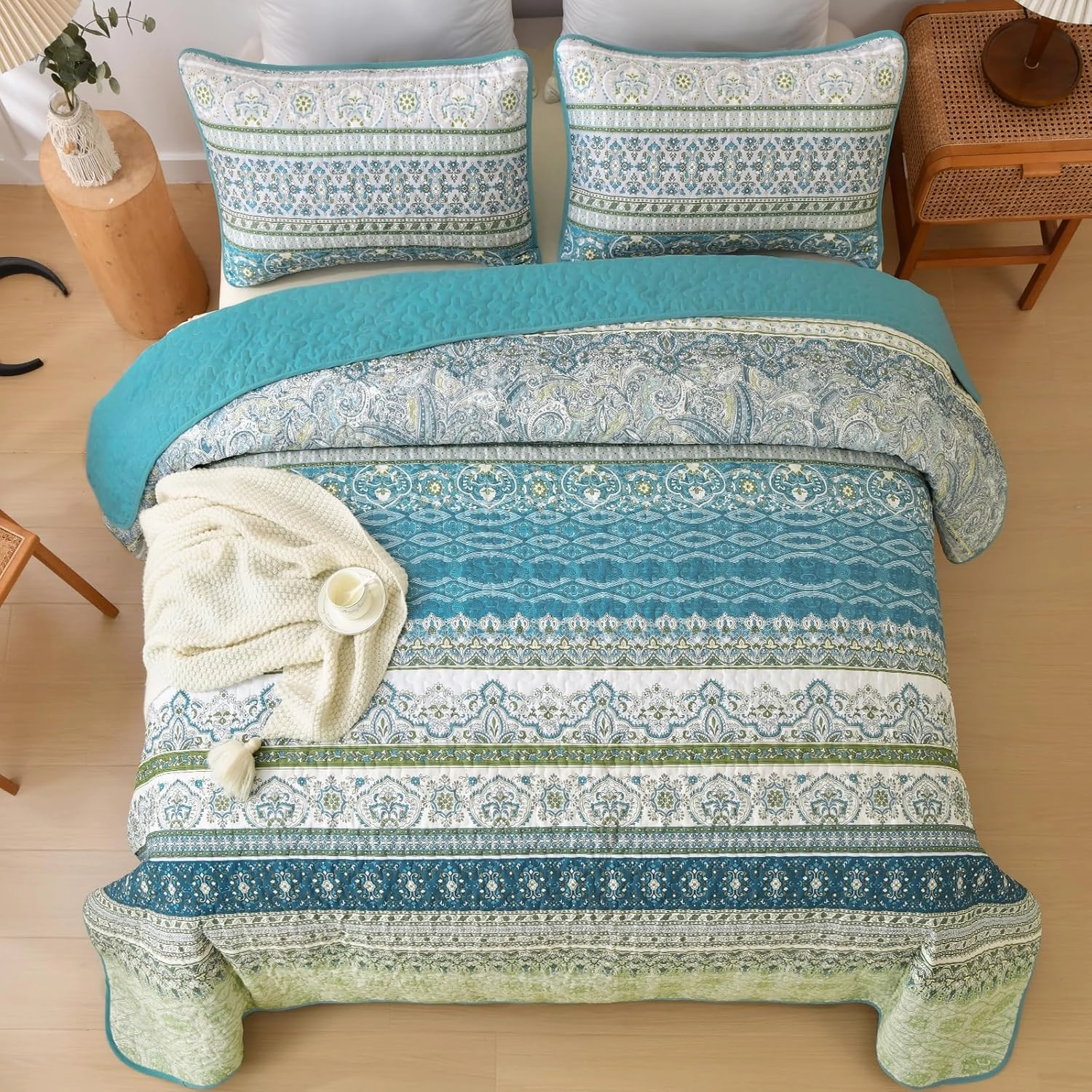 WONGS BEDDING Boho Quilt Set King Size Aqua, 3 Pieces Striped Bedspread Coverlet Set, Bohemian Soft Lightweight Microfiber for All Season(104"×90")