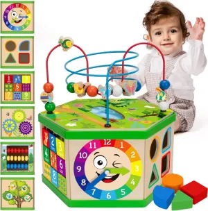 Wooden Activity Cube for 12-18 Month, 1 Year old Boys & Girls, 7-in-1 STEM Montessori Early Developmental Learning Toys for Kids Aged 1-2, Ideal 1st Birthday Gift Toys for Baby, Toddlers (Pink)
