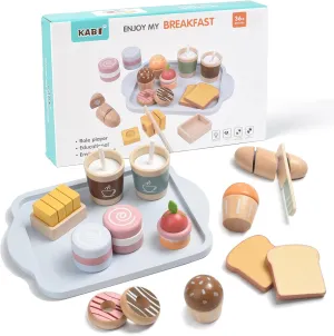 Wooden Play Food Sets for Kids Toddlers Kitchen Pretend Food Play Wood Bakery Toy for 3 4 5 6 7 Years Old Boys & Girls