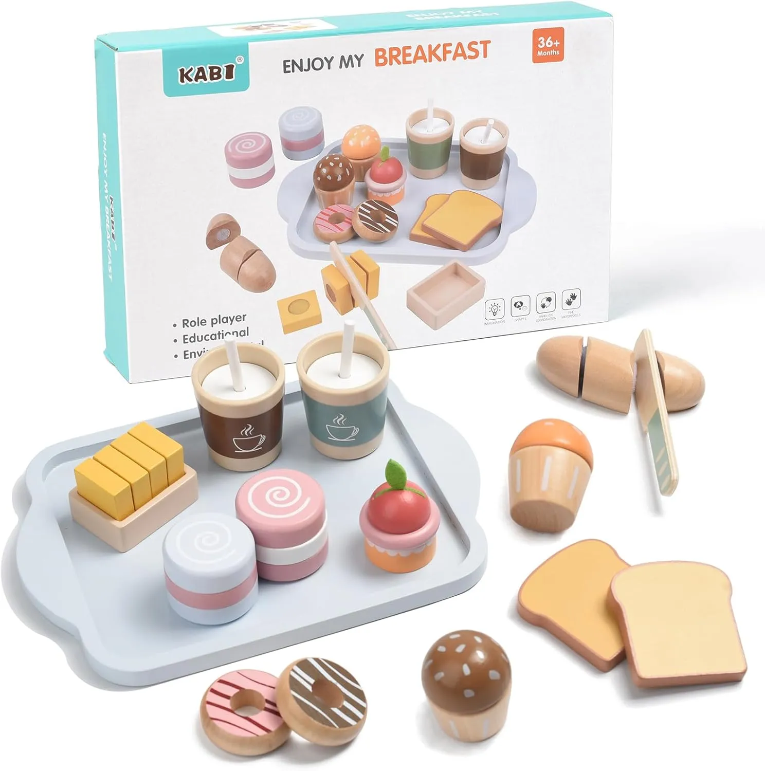 Wooden Play Food Sets for Kids Toddlers Kitchen Pretend Food Play Wood Bakery Toy for 3 4 5 6 7 Years Old Boys & Girls