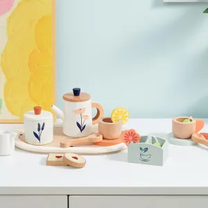 Wooden Tea Set for Toddlers,Wooden Tea Party Set for Kids Pretend Play Food Toy Set Kitchen Accessories Tea Time Party with Play Food for Girls and Boys 3 Years and up