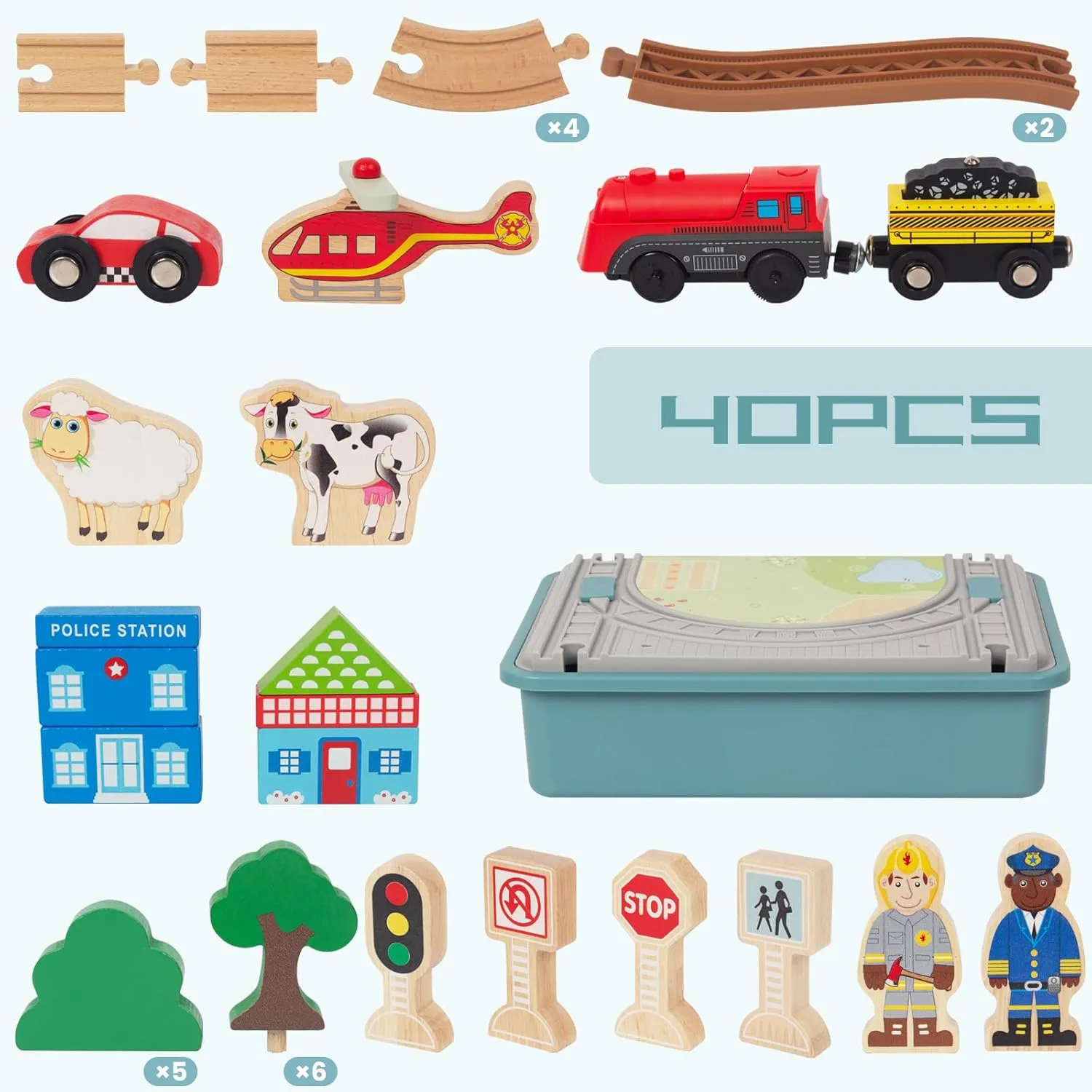 Wooden Train Set for Toddler, 40 Pcs with Wooden Tracks fits Thomas, fits Brio, fits Chuggington, fits Melissa and Doug - Expandable, Changeable Train Toy for 3 4 5 Years Old Girls & Boys