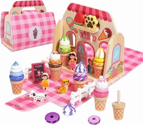 Wooden Ice Cream Shop Set with Handbag, 39 Pcs Pretend Play Food Toys for Kids, Montessori Kitchen Playset Accessories for Toddlers Girls Boys 3 4 5