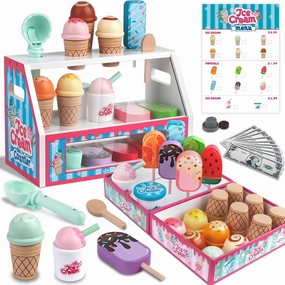 Wooden Ice Cream Toys Kids Toy Food for Toddler Girls 3 , Ice Cream Shop Playset, Pretend Play Kitchen Toys with Display Counter & Fake Money - Wooden Food Toys for 3 4 5 Year Old Girls Boys Birthday