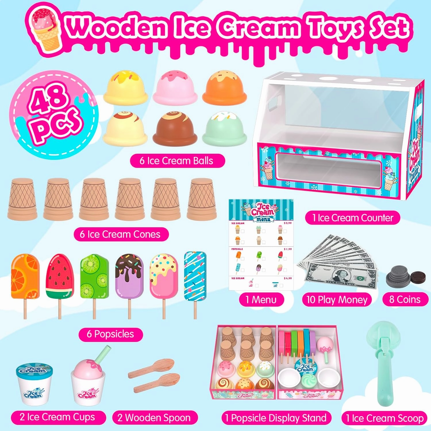 Wooden Ice Cream Toys Kids Toy Food for Toddler Girls 3 , Ice Cream Shop Playset, Pretend Play Kitchen Toys with Display Counter & Fake Money - Wooden Food Toys for 3 4 5 Year Old Girls Boys Birthday
