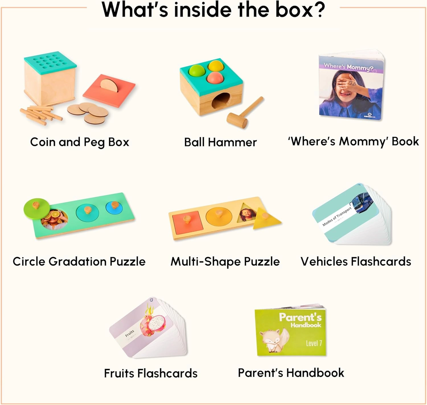 Wooden Montessori Toys Box for Toddlers | 7 in 1 Learning Educational Toys – Coin Box, Ball Hammer Toy, Wooden Shape Puzzles & More | Developmental Toy Set & Gift for 16  Months