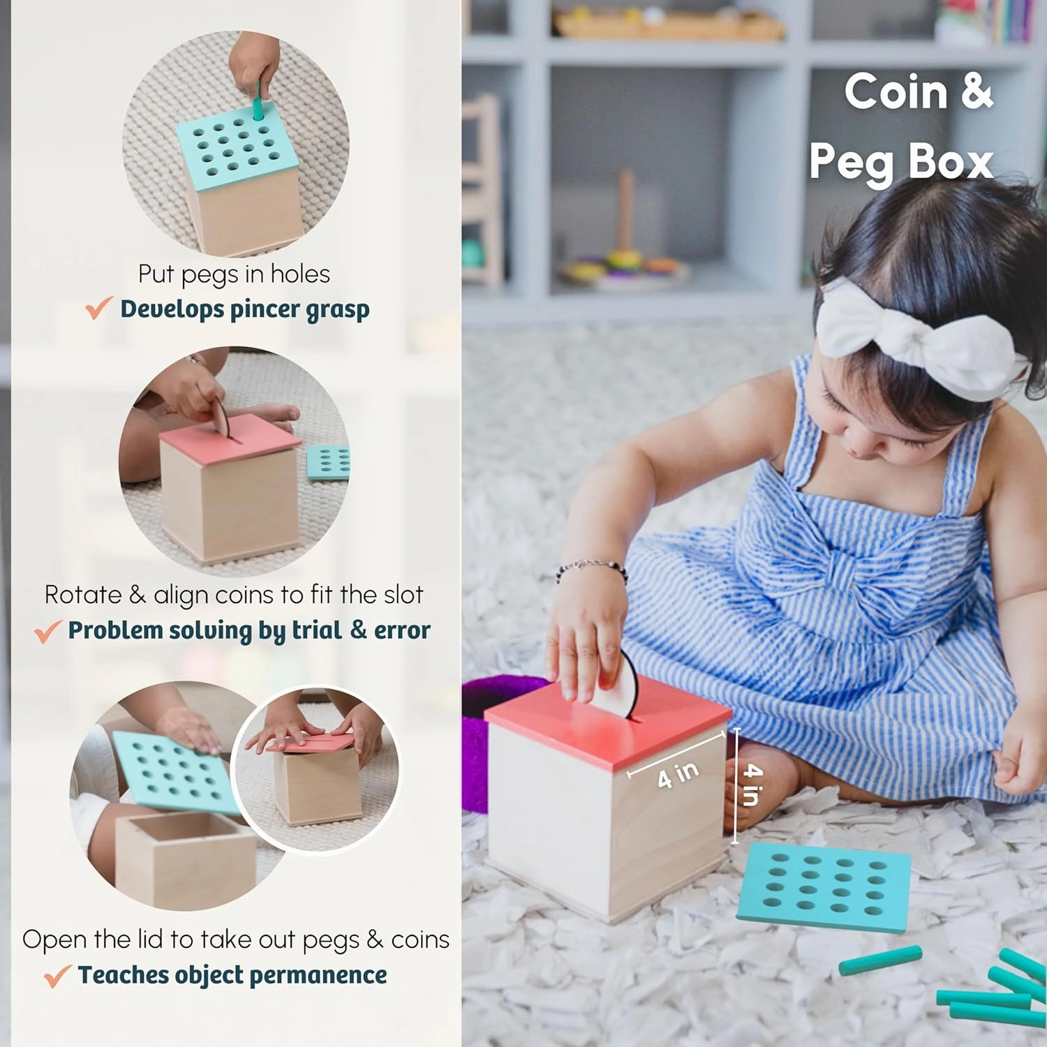 Wooden Montessori Toys Box for Toddlers | 7 in 1 Learning Educational Toys – Coin Box, Ball Hammer Toy, Wooden Shape Puzzles & More | Developmental Toy Set & Gift for 16  Months