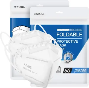 WWDOLL KN95 Face Mask - 100 Pack White KN95 Mask 5-Layer Breathable Mask, KN95 White Masks Protection for Adult, Indoor, Outdoor Use