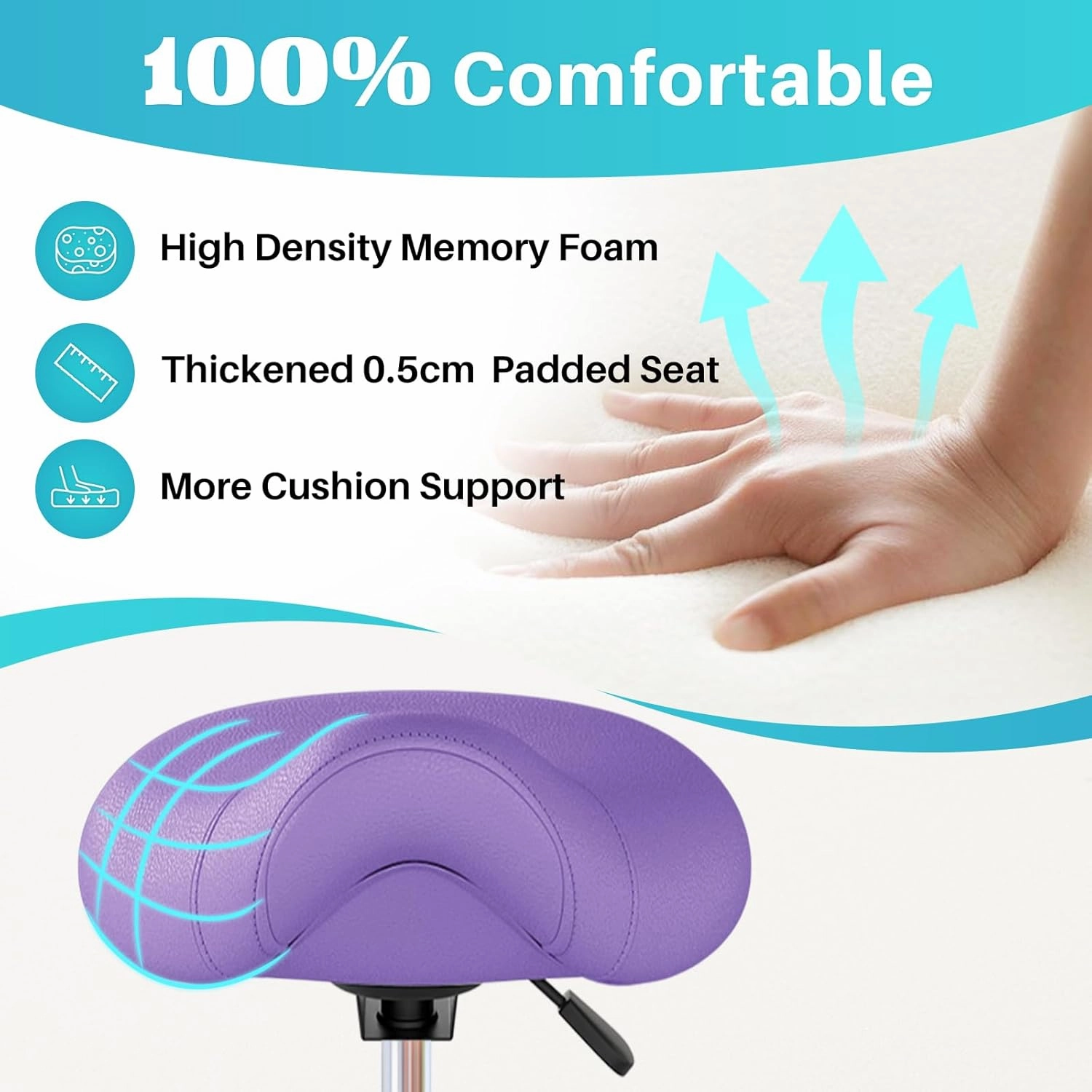 YEEZEE Saddle Stool Ergonomic- Comfortable Rolling Saddle Stool with Wide Thick Saddle Seat Padding, Swivel Adjustable Saddle Chair with Wheels and Ring Pedal for Medical Massage Salon (Purple)