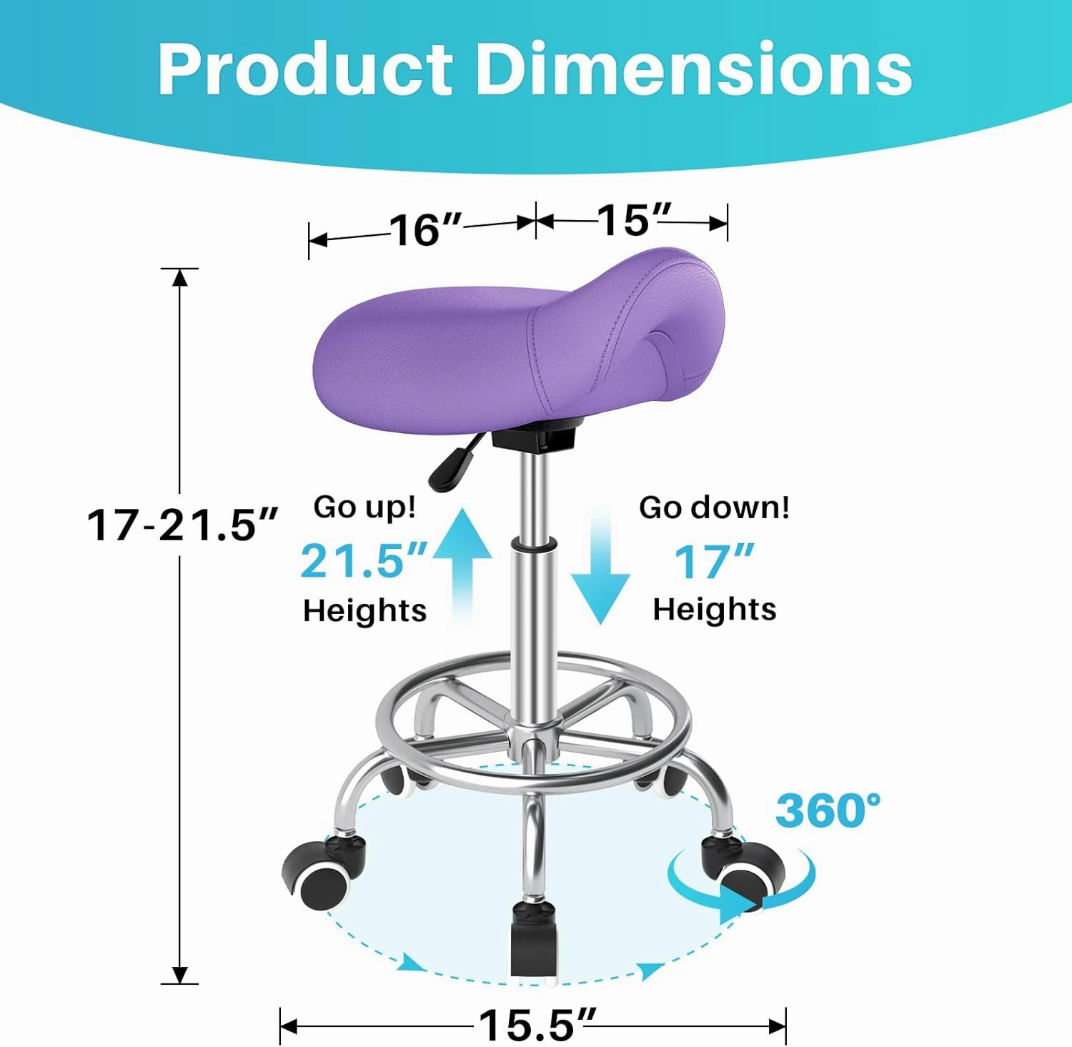 YEEZEE Saddle Stool Ergonomic- Comfortable Rolling Saddle Stool with Wide Thick Saddle Seat Padding, Swivel Adjustable Saddle Chair with Wheels and Ring Pedal for Medical Massage Salon (Purple)