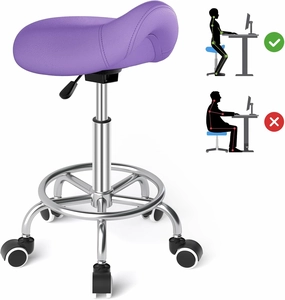 YEEZEE Saddle Stool Ergonomic- Comfortable Rolling Saddle Stool with Wide Thick Saddle Seat Padding, Swivel Adjustable Saddle Chair with Wheels and Ring Pedal for Medical Massage Salon (Purple)