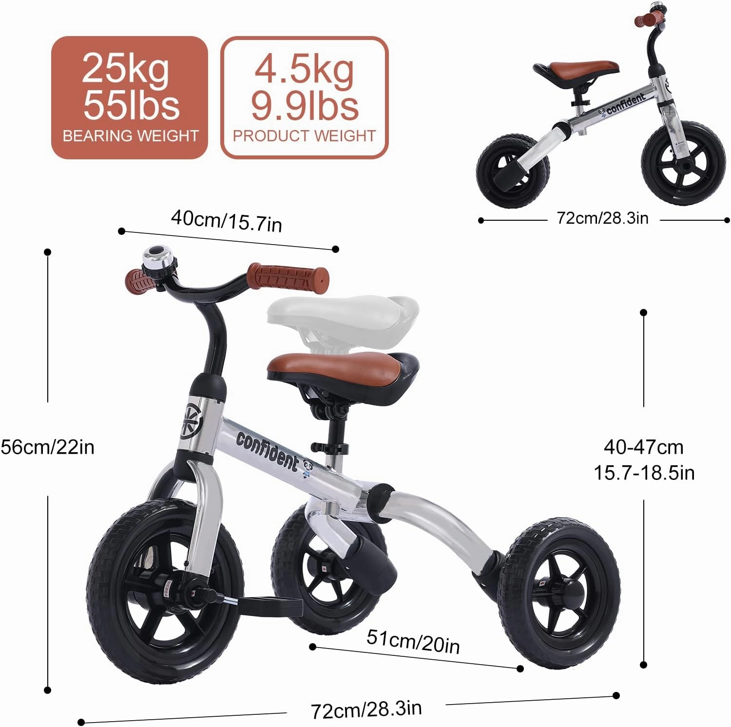 YGJT 3 in 1 Tricycle for Toddlers Age 2-5 Years Old, Folding Kids Balance Bike with Adjustable Seat and Removable Pedal, Toddler Bike Ride-on Toys for Infant, Gifts for Baby Boys Girls Birthday