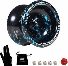 Yomega Dash Yoyo - Pro Aluminum Metal Unresponsive Yoyo with C Size Ball Bearing for Advanced yo yo Tricks   Extra 5 Strings   Glove   Bag   Die & 3 Month Warranty (Black Blue)
