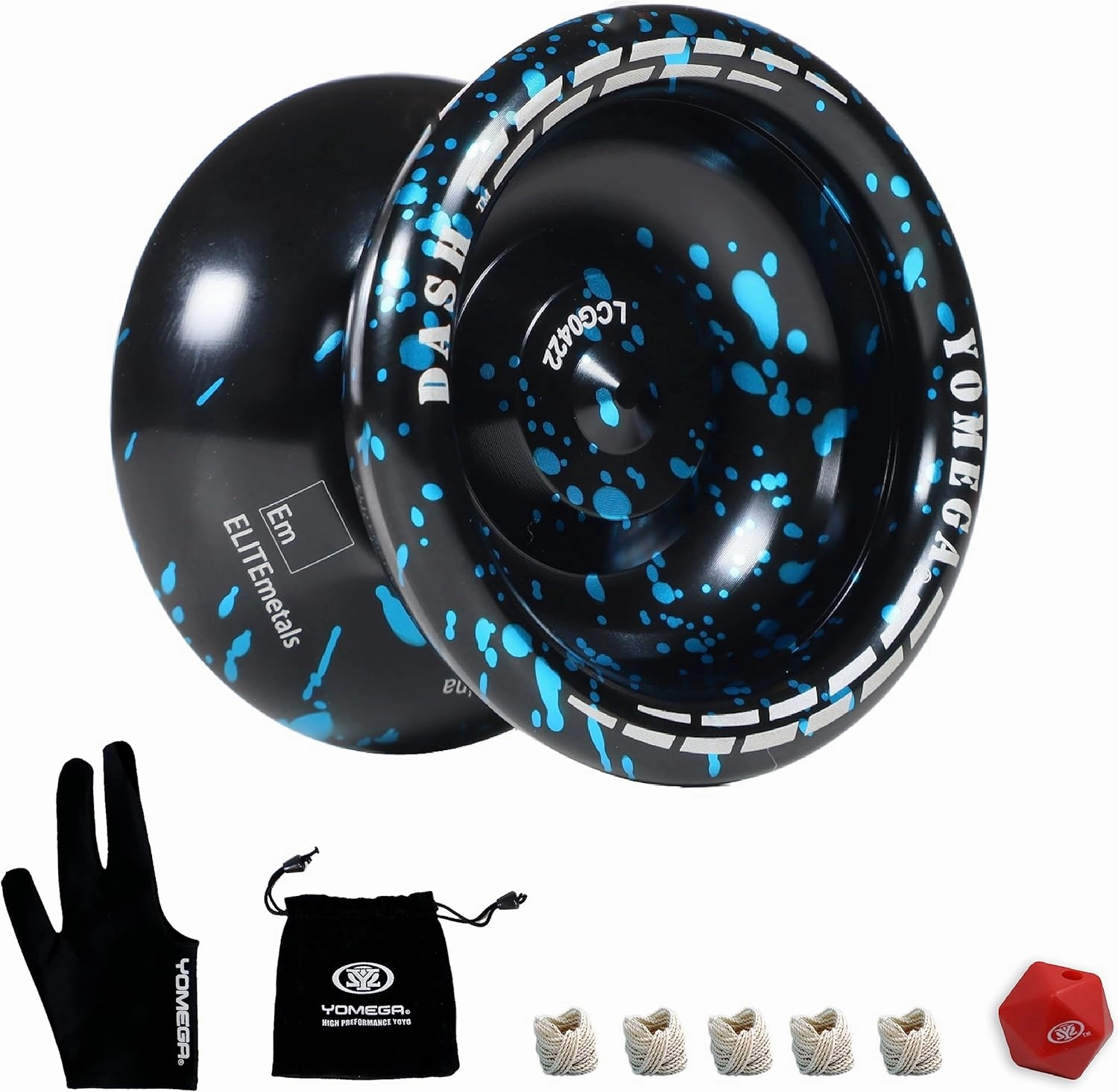 Yomega Dash Yoyo - Pro Aluminum Metal Unresponsive Yoyo with C Size Ball Bearing for Advanced yo yo Tricks   Extra 5 Strings   Glove   Bag   Die & 3 Month Warranty (Black Blue)